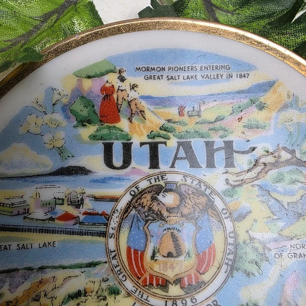 Vintage Utah Mini Souvenir Plate Mormon Pioneers Salt Lake Scenic Gold Rim‎ 4 in